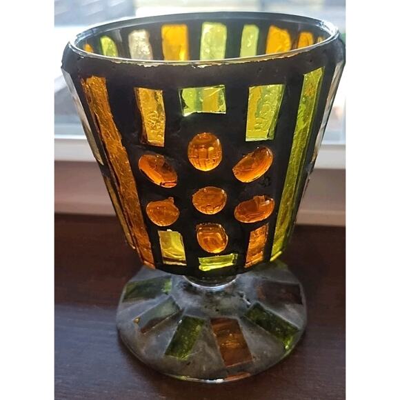 Stained glass wine Glass Chalice Vessel chunky orange green 70s heavy OOAK decor - Picture 7 of 8